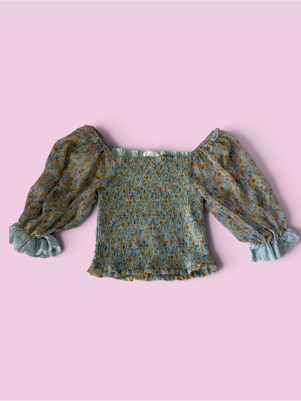 Smocked Puff Sleeve Floral Blouse in Soft Blue